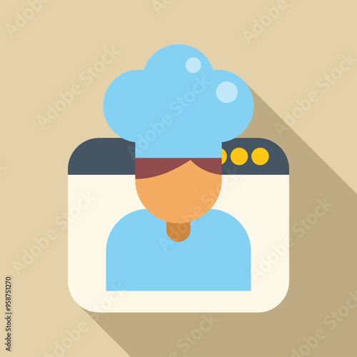 Chef icon is appearing inside a website frame, representing online cooking classes and recipes