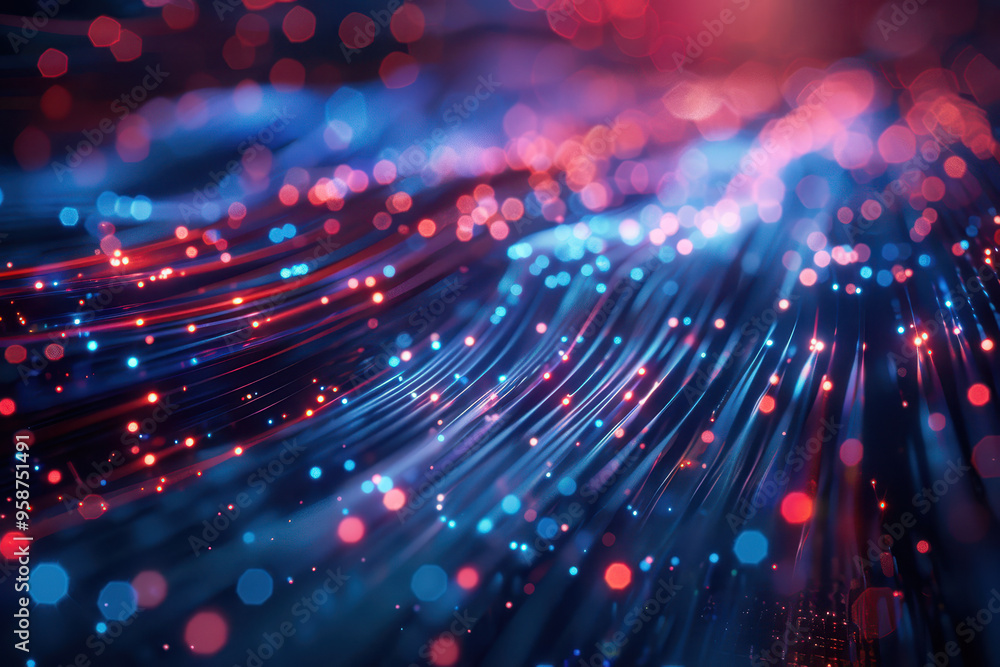 Obraz premium Abstract futuristic background with glowing white and blue light effect on the circuit board, fiber optic cables in motion blur. Digital technology concept. 