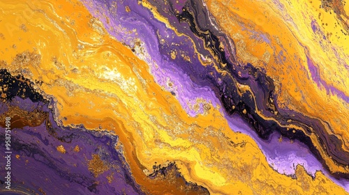 Abstract fluid art painting with vibrant yellow, purple, and orange swirling patterns, perfect for modern decor and design projects.