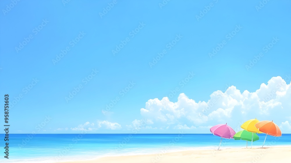 Vibrant Beach Scene with Colorful Umbrellas and Blue Sky Backdrop Vibrant Beach Scene with Colorful Umbrellas and Blue Sky Backdrop