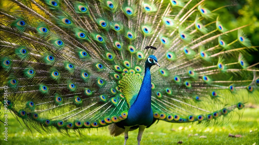 Naklejka premium Peacock with fanned tail, peacock with feathers