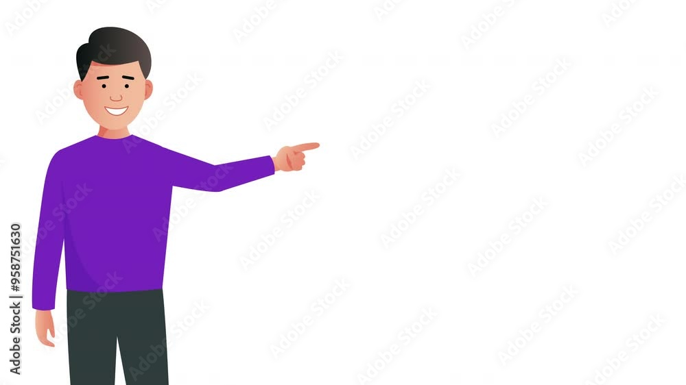 2D Illustrated male vector character pointing to the right animation with white blank space for copy text. On white background. 2D Illustrated male vector character pointing to the right animation with white blank space for copy text. On white background.