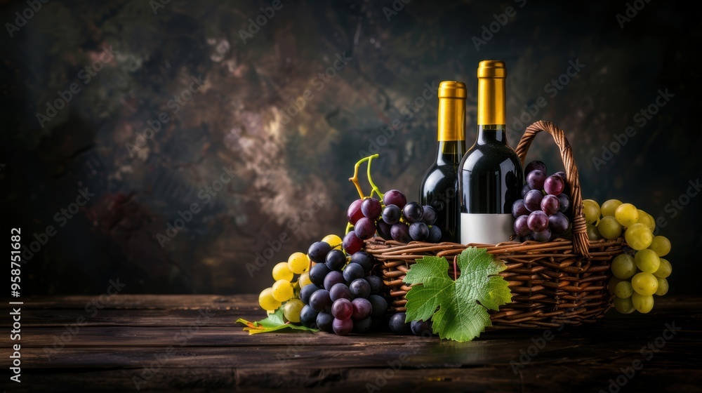 Fototapeta premium Fresh grape, grape wine bottle over texture background