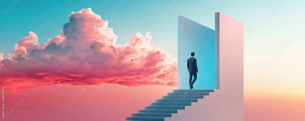 A businessman walks up stairs towards an open doorway, symbolizing opportunity and personal growth against a vibrant sky. A businessman walks up stairs towards an open doorway, symbolizing opportunity and personal growth against a vibrant sky.
