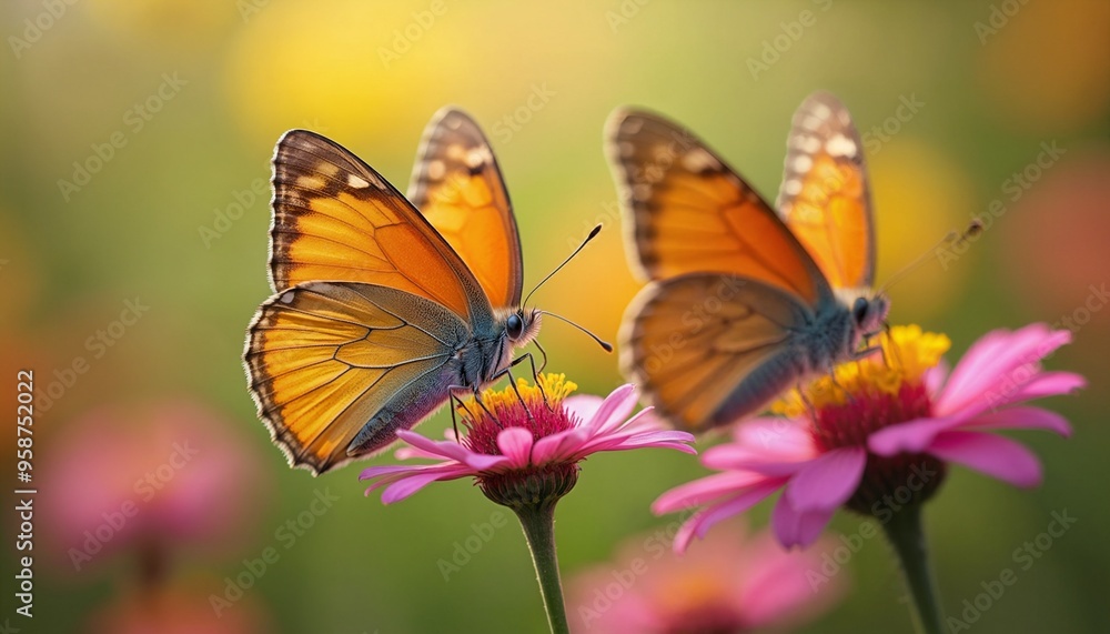 Two butterflies are sitting on a pink flower Two butterflies are sitting on a pink flower