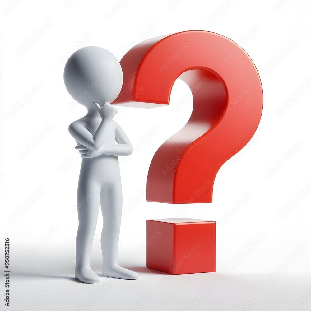 3D human with a red question mark, A 3D-rendered figure poses next to a large red question mark, symbolizing inquiry, doubt, and problem-solving, decision-making, uncertainty, and seeking solutions. 3D human with a red question mark, A 3D-rendered figure poses next to a large red question mark, symbolizing inquiry, doubt, and problem-solving, decision-making, uncertainty, and seeking solutions.