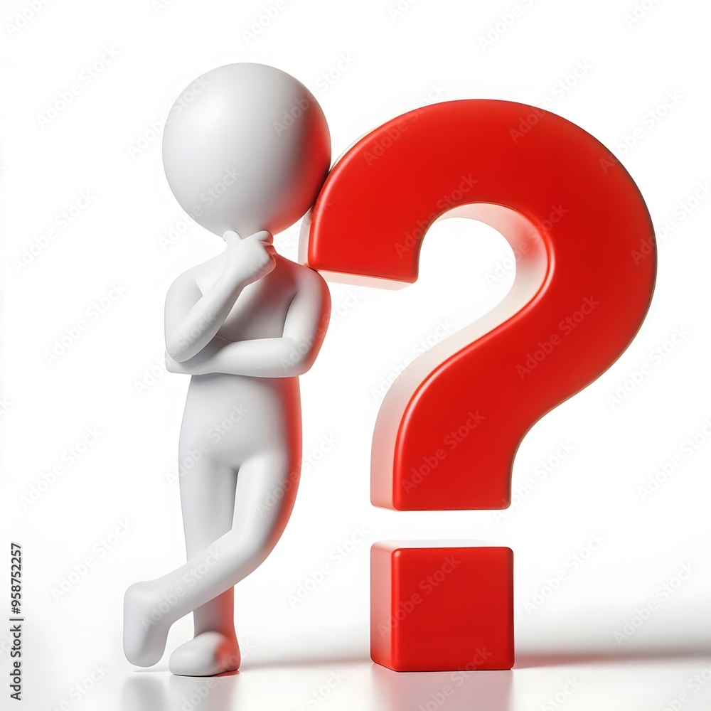3D human with a red question mark, A 3D-rendered figure poses next to a large red question mark, symbolizing inquiry, doubt, and problem-solving, decision-making, uncertainty, and seeking solutions. 3D human with a red question mark, A 3D-rendered figure poses next to a large red question mark, symbolizing inquiry, doubt, and problem-solving, decision-making, uncertainty, and seeking solutions.