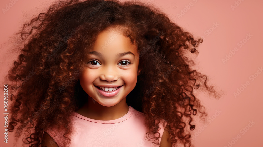 Portrait of smiling cute African American child girl with red hair and perfect skin, pink background, banner. Portrait of smiling cute African American child girl with red hair and perfect skin, pink background, banner.