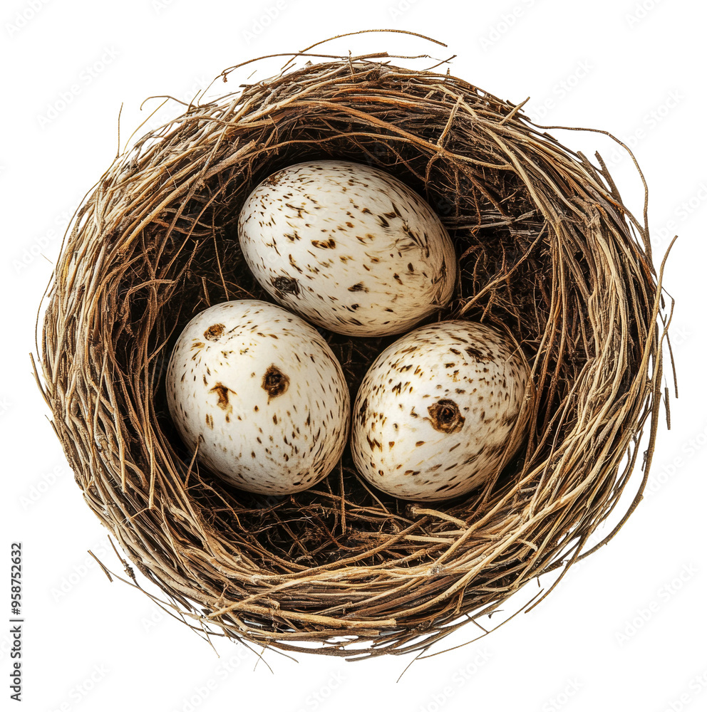 Obraz premium Nest with three speckled eggs in natural setting, cut out - stock png.