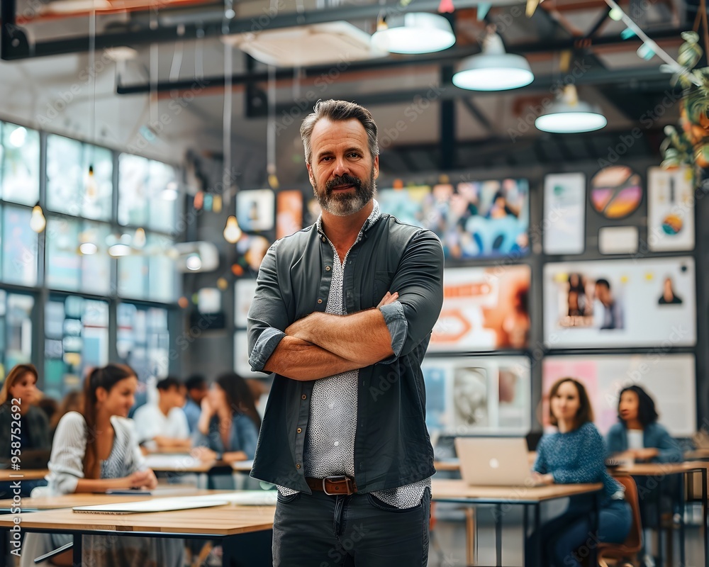 Confident Business Leader Addressing Employees in Open Plan Office with Motivational Posters