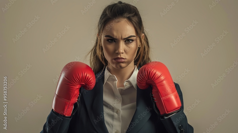 A woman in a suit and red boxing gloves A woman in a suit and red boxing gloves
