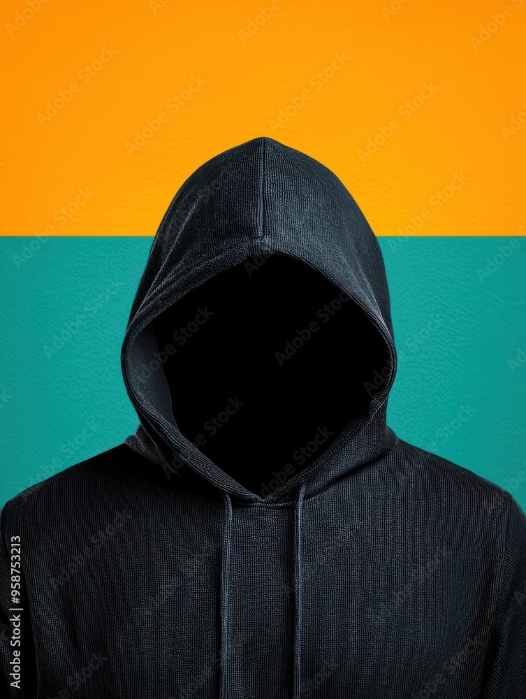 Mysterious figure in a hooded sweatshirt against a vibrant background, conveying anonymity and intrigue in modern art. Mysterious figure in a hooded sweatshirt against a vibrant background, conveying anonymity and intrigue in modern art.