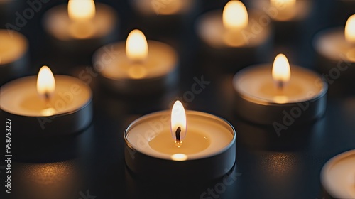 Candles burn steadily, their flames dancing in the dark, casting soft light that enhances the tranquil environment filled with warmth and solemnity