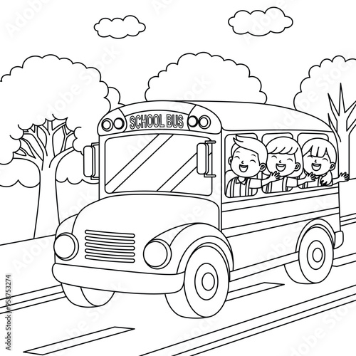 School bus with children waving out the windows ourline coloring page. Back to school illustration