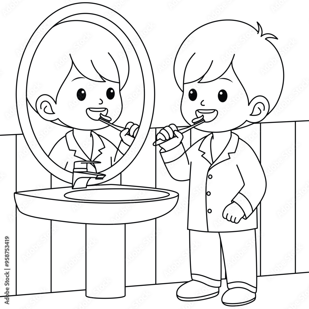 Cute Boy Brushing Teeth Outline Coloring Page