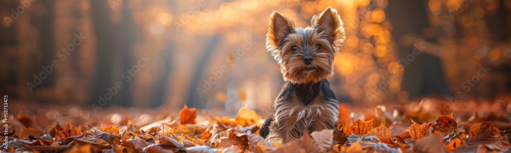 Small dog sitting in the leaves in the woods, animal background, banner, copy space Small dog sitting in the leaves in the woods, animal background, banner, copy space