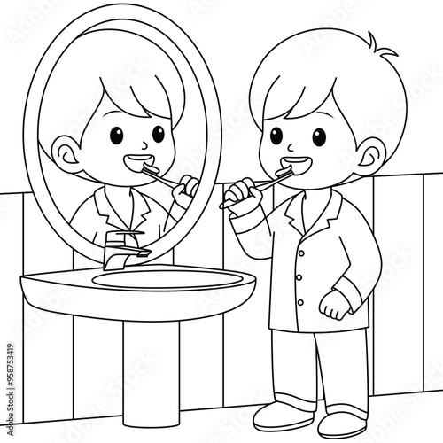 Obraz na płótnie Cute Boy Brushing Teeth Outline Coloring Page w salonie