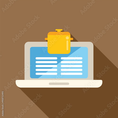 Online cooking class concept with a laptop displaying a list of instructions and a cooking pot icon