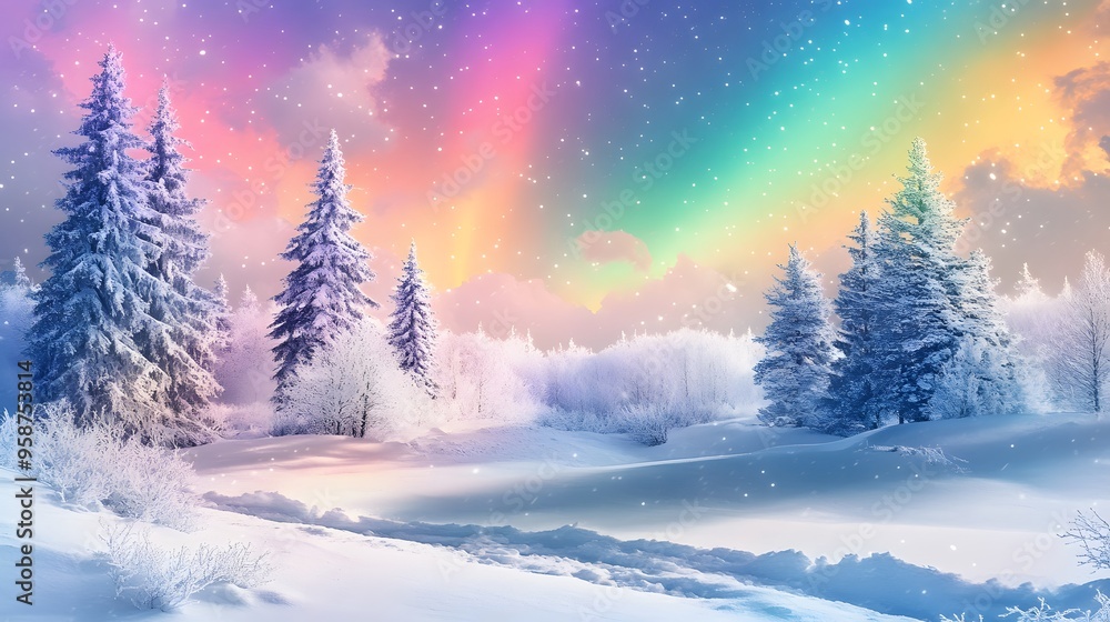 A snowy landscape with a vibrant aurora borealis in the sky, rendered in a digital art style with a rainbow of colors and fluid shapes A snowy landscape with a vibrant aurora borealis in the sky, rendered in a digital art style with a rainbow of colors and fluid shapes