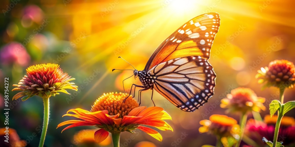 Vibrant butterfly perched on a wilting flower blooms anew, symbolizing transformation and renewal, as warm sunlight Vibrant butterfly perched on a wilting flower blooms anew, symbolizing transformation and renewal, as warm sunlight