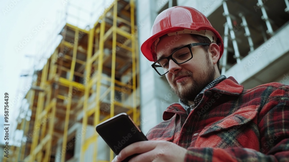 Construction Worker Focused on Phone Construction Worker Focused on Phone