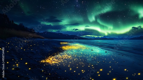 Fireflies illuminating a glowing beach, with the sky full of stars and the aurora borealis creating a mesmerizing display