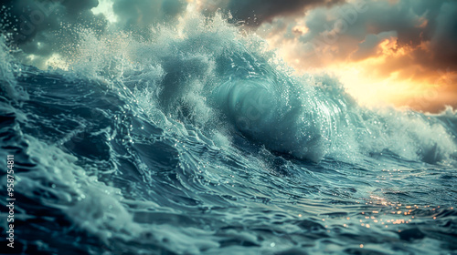 Powerful wave in the ocean with overcast sunset sky nature water background. photo