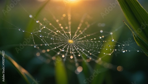 Wallpaper Mural A spider web is covered in dew drops, creating a beautiful and serene scene Torontodigital.ca