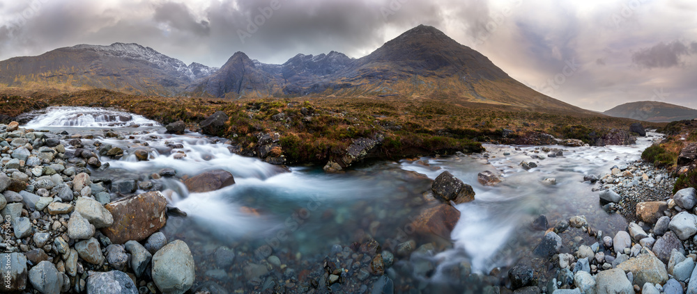 Fototapeta premium Fairy pools during rainy day. Waterfalls in Scotland. Isle of Skye on Scotland