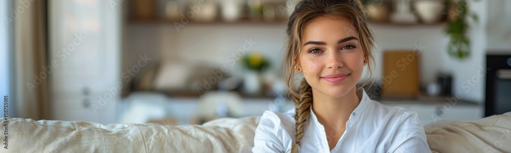 Smiling woman sitting on a couch with her arms crossed, portrait, banner, copy space Smiling woman sitting on a couch with her arms crossed, portrait, banner, copy space