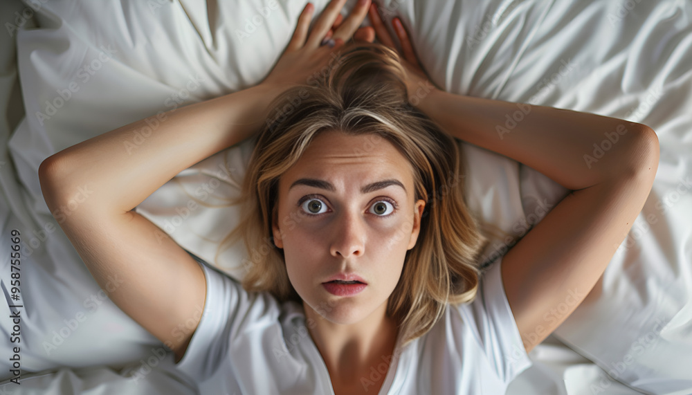 Fototapeta premium Shocked young woman wakes up with anxiety