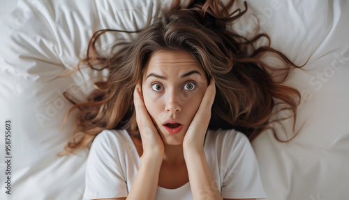 Shocked young woman wakes up with anxiety