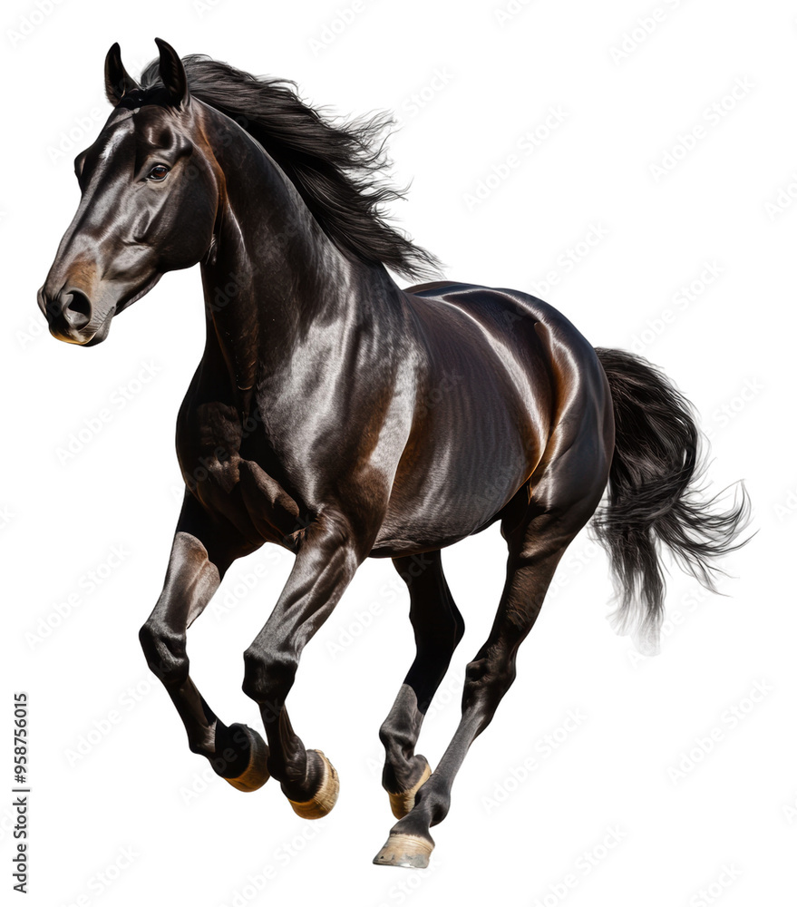 Majestic black horse running freely in a field, cut out - stock png.