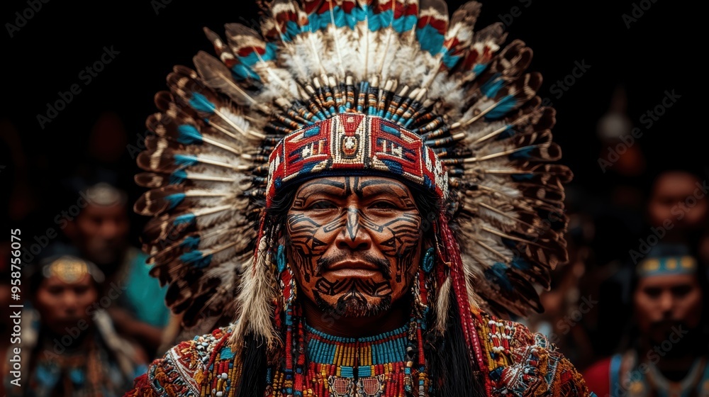 Obraz premium The close-up captures a person adorned in an indigenous costume, highlighted by a striking feathered headdress and intricate facial designs.
