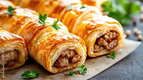 A close-up detailed top view of golden-brown fried sausage rolls featuring a flaky pastry, showcasing their irresistible texture and delicious appeal.