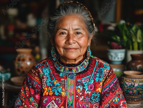 A senior woman wearing brightly colored traditional clothing smiles gently, surrounded by artisanal pottery in a culturally rich environment. photo