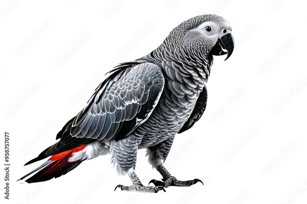 Fototapeta premium African grey parrot in full body stance, contrast against pristine white background, feather texture in sharp focus, vibrant grey tones stand out, natural posture captured