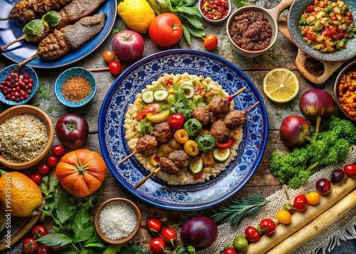 Vibrant, colorful arrangement of traditional Azerbaijani dishes, including pilaf, kebabs, and flatbread, surrounded by photo