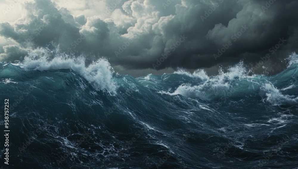 Fototapeta premium Turbulent Ocean Waves Under a Stormy Sky