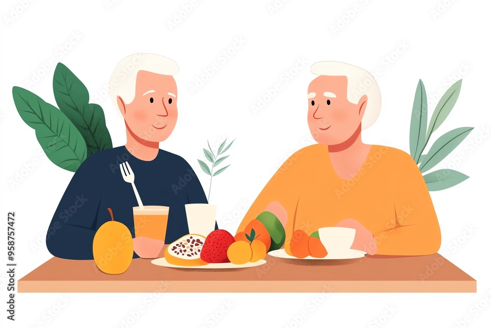 Two men enjoying a healthy meal together, sharing fruits and smoothies at a cozy table surrounded by greenery. Two men enjoying a healthy meal together, sharing fruits and smoothies at a cozy table surrounded by greenery.