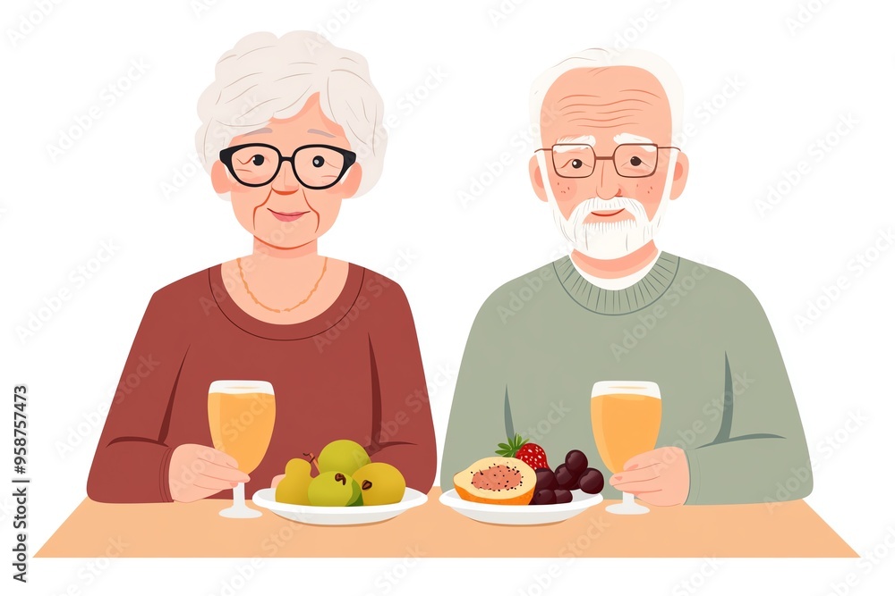 Charming elderly couple enjoying a healthy meal with fruits and drinks, showcasing love and companionship in their golden years. Charming elderly couple enjoying a healthy meal with fruits and drinks, showcasing love and companionship in their golden years.