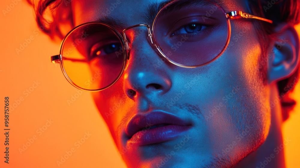 Stylish person with curly hair in orange lighting Stylish person with curly hair in orange lighting