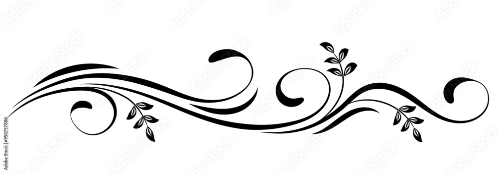 Floral ornament with leaves and abstract lines. Graceful element for decor and greeting or invitation card design Floral ornament with leaves and abstract lines. Graceful element for decor and greeting or invitation card design