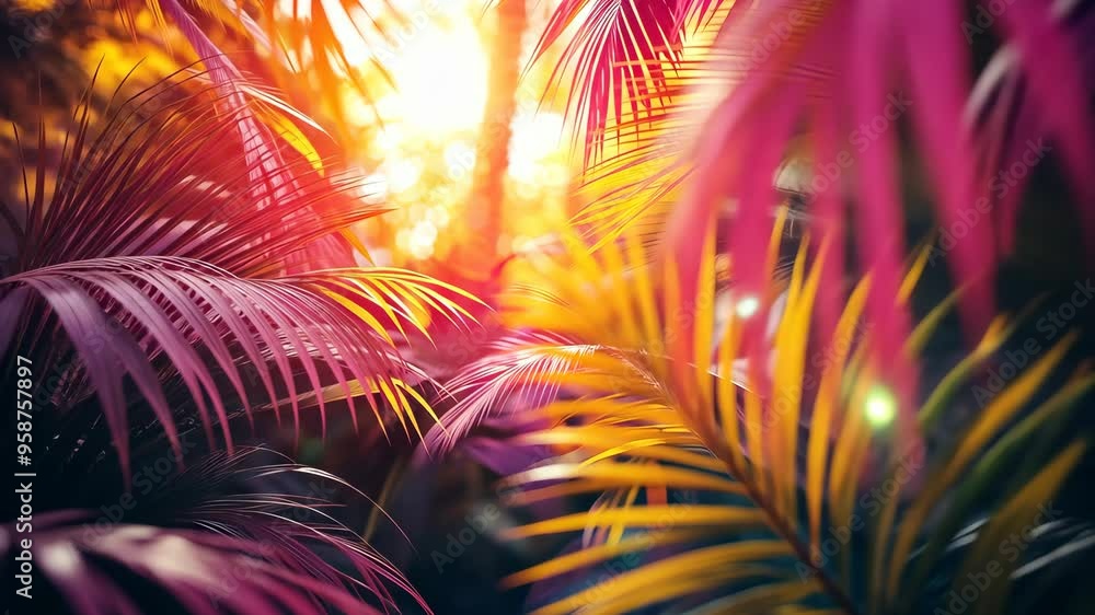 Sun shining through vibrant purple and yellow palm leaves Sun shining through vibrant purple and yellow palm leaves