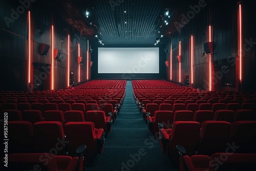 Empty red seats in a dark movie theatre with a blank screen