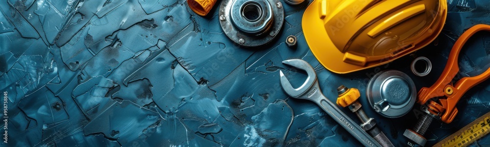 Tools that are laying on a blue surface, plumber concept , banner, copy space Tools that are laying on a blue surface, plumber concept , banner, copy space