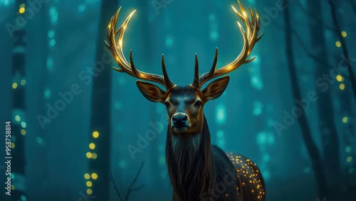 Majestic Deer with Golden Antlers in a Mystical Forest