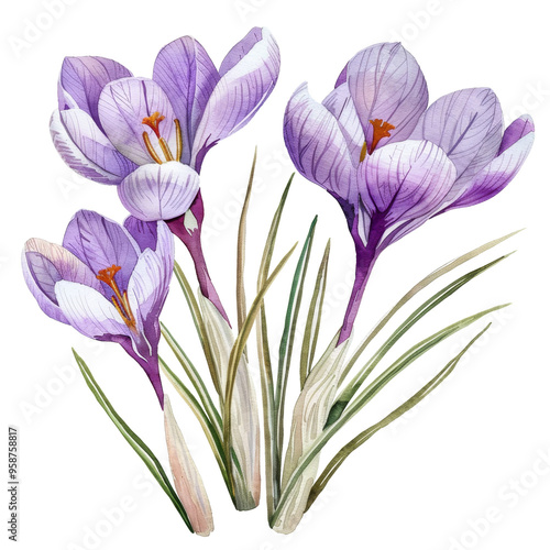 Watercolor illustration of purple crocuses with green leaves.