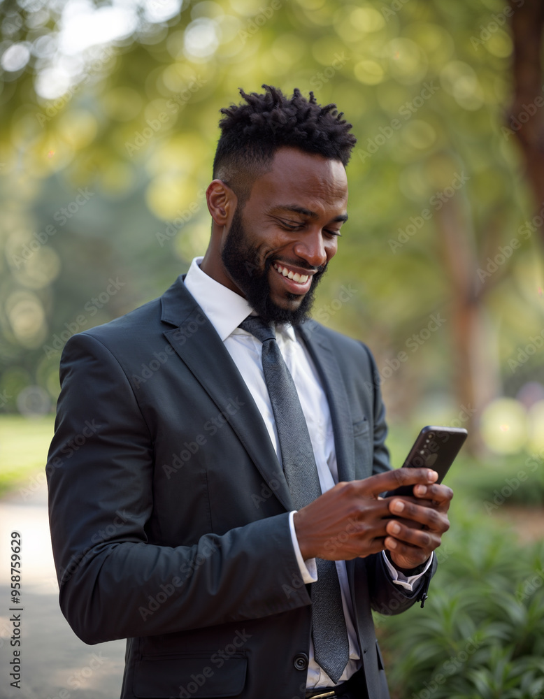 Happy African American businessman texting on smartphone outdoors Happy African American businessman texting on smartphone outdoors