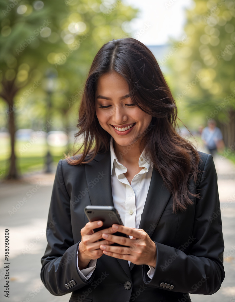 Smiling Asian businesswoman using phone in the park Smiling Asian businesswoman using phone in the park